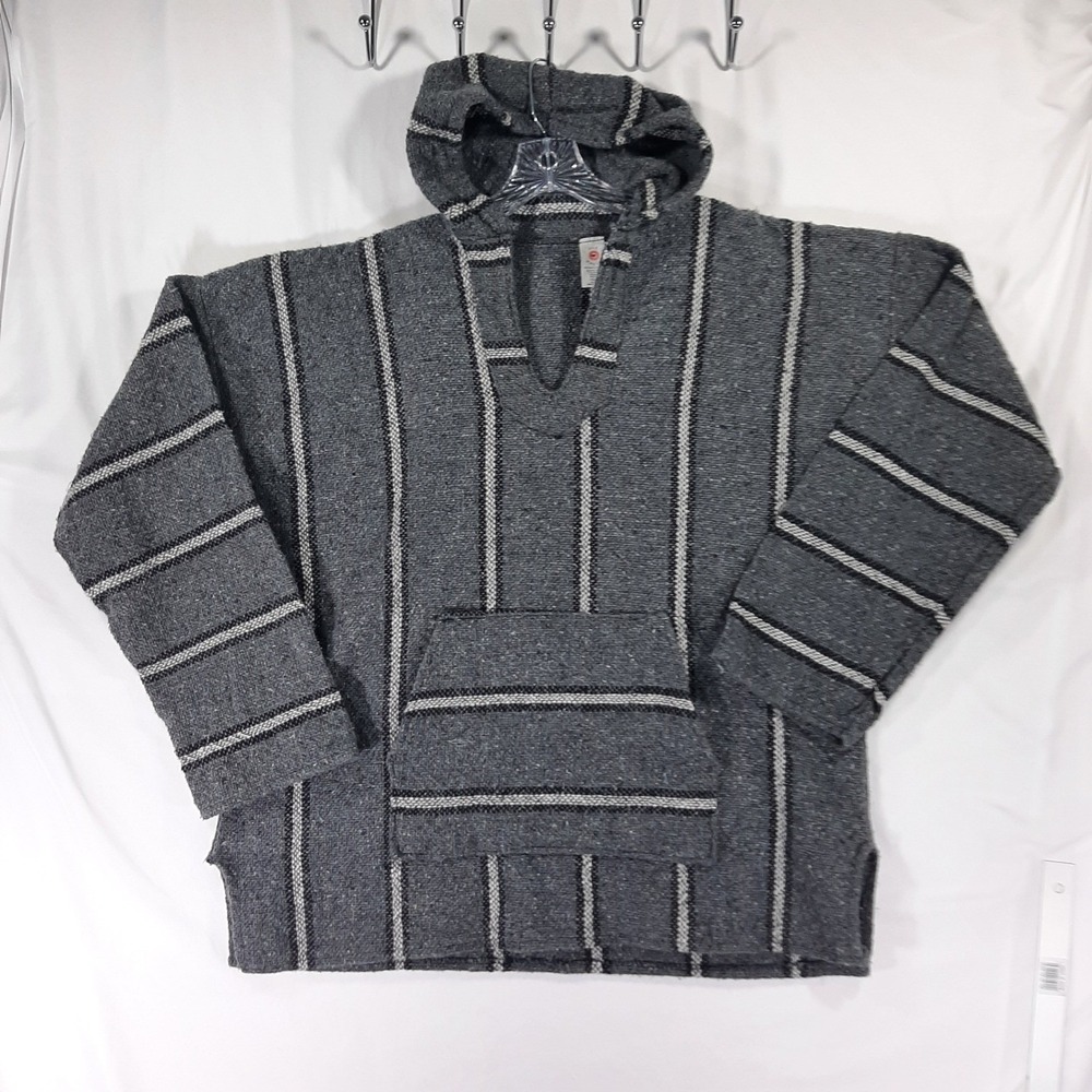 Baja Hoodie Mens XL Gray White Striped Woven Jerga Mexican Pullover **imperfect